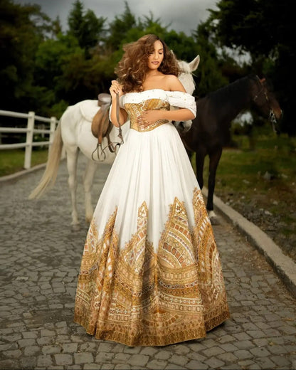 Off-the-Shoulder Habesha Dress Gold Filigree Corset Bodice Traditional Ethiopian Wedding dress Ballgown 1152