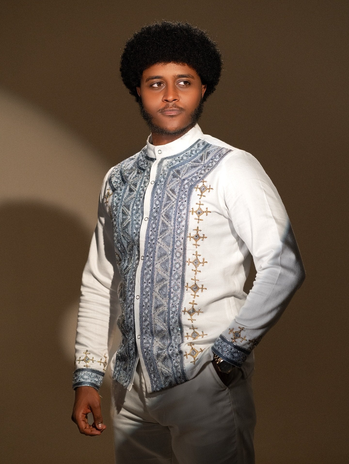 Slate Blue & Silver Diamond Tapestry Embroidered Yoke Ethiopian Men Shirt Long Sleeve Tunic 1154
