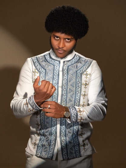 Slate Blue & Silver Diamond Tapestry Embroidered Yoke Ethiopian Men Shirt Long Sleeve Tunic 1154