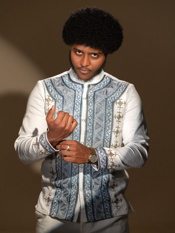 Slate Blue & Silver Diamond Tapestry Embroidered Yoke Ethiopian Men Shirt Long Sleeve Tunic 1154