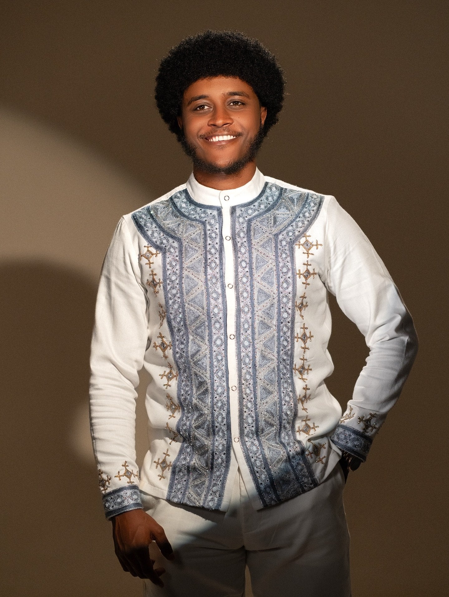 Slate Blue & Silver Habesha Men Shirt | Premium Ethiopian Mens Clothes