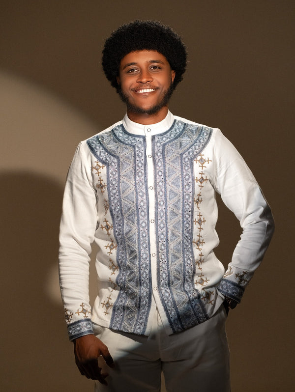 Slate Blue & Silver Habesha Men Shirt | Premium Ethiopian Mens Clothes