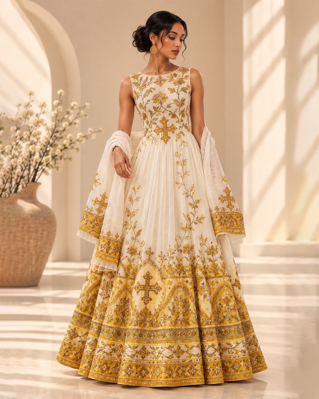 AI-Generated Elegant Gold Cross-Embroidered Habesha Kemis Ethiopian Clothing for Special Occasions 1157