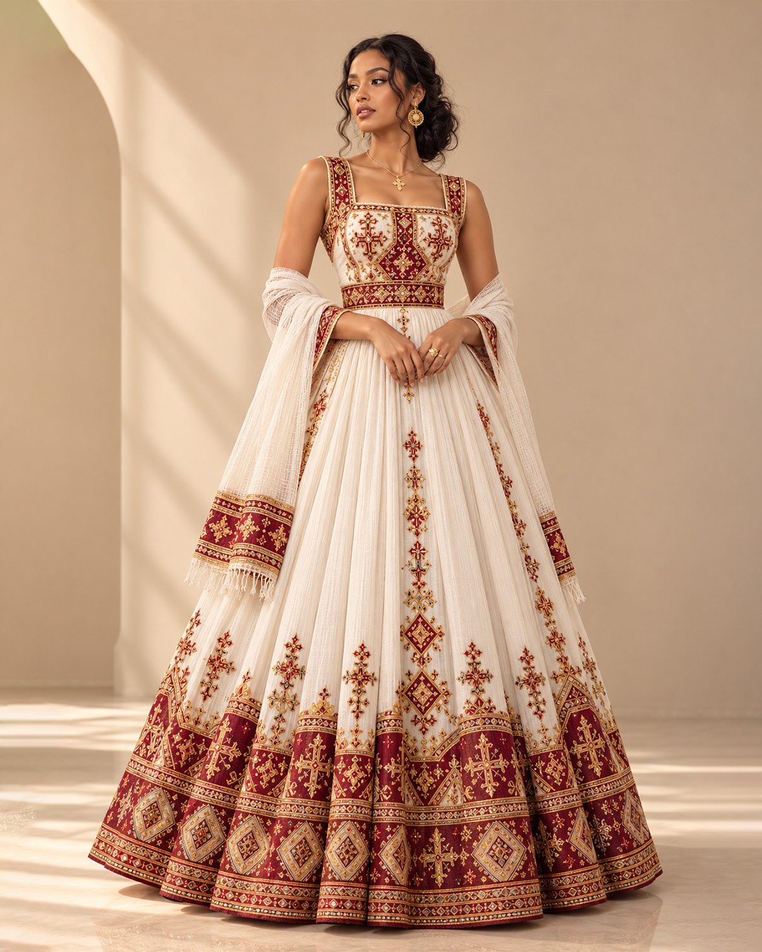 Ivory Habesha Gown with Burgundy and Gold Tibeb Embroidery