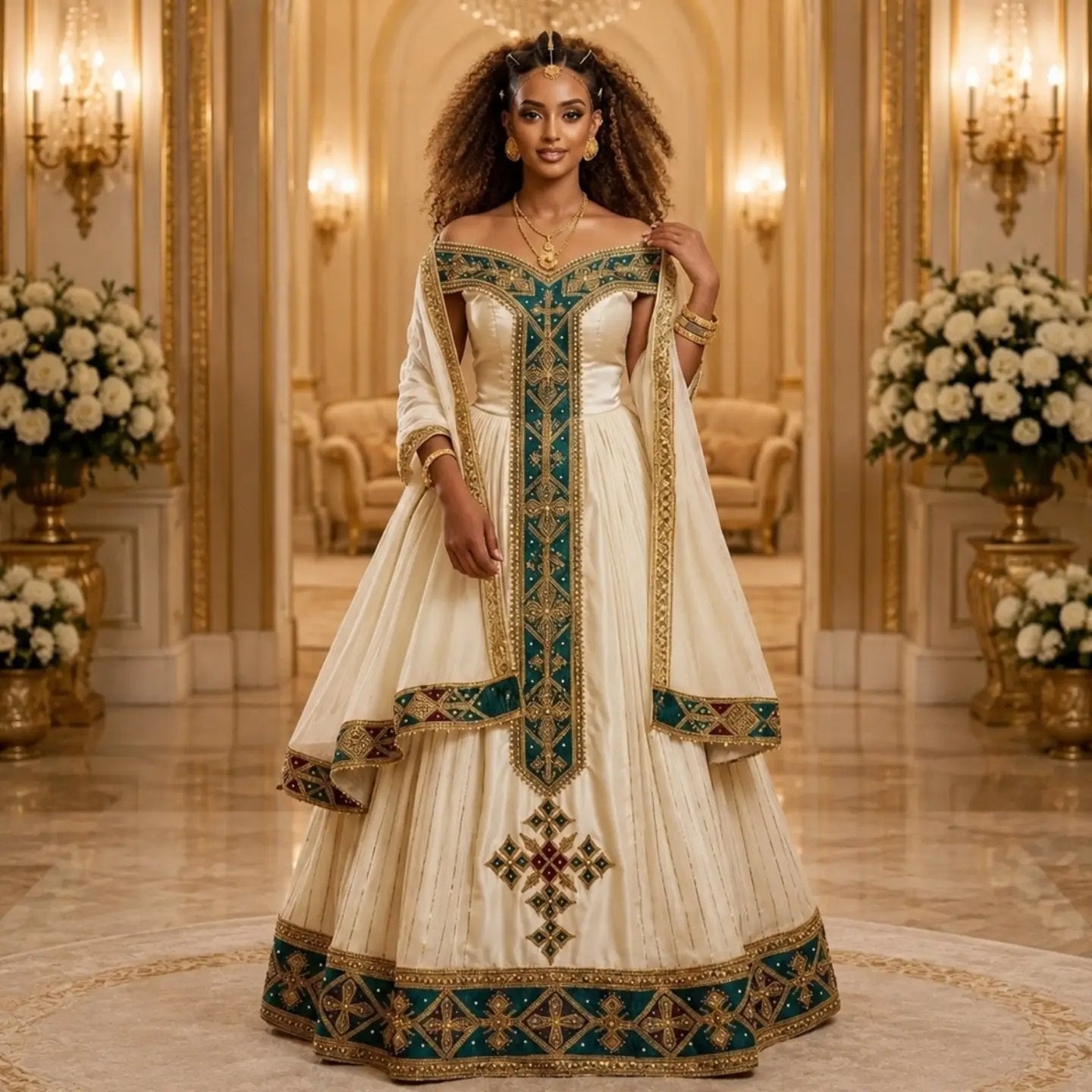 Order AI-Generated Habesha Kemis Online Emerald Green Ethiopian Traditional Dress