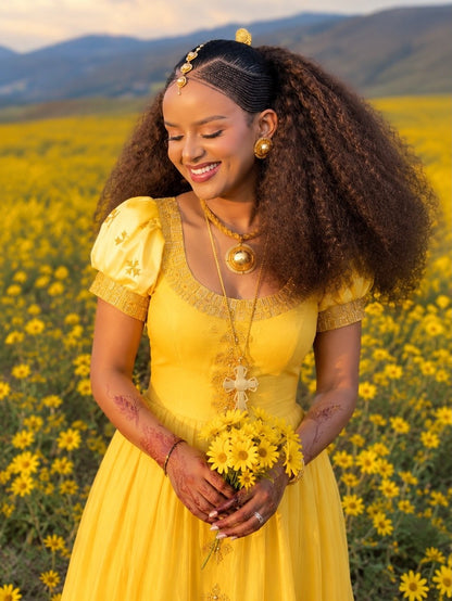 AI-Generated Vibrant Yellow Short-Sleeve Habesha Kemis Festive Ethiopian Dress Concept 1173