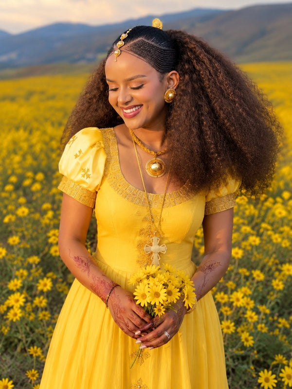 AI-Generated Vibrant Yellow Short-Sleeve Habesha Kemis Festive Ethiopian Dress Concept 1173