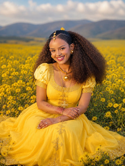 Buy AI-Generated Habesha Kemis Online  Yellow Ethiopian Traditional Dress