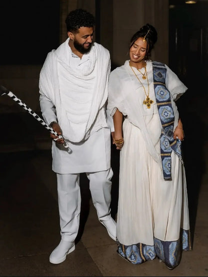 Slate Blue Embroidery Matching Habesha Couple Outfit Ethiopian Clothing For Occasions 1175