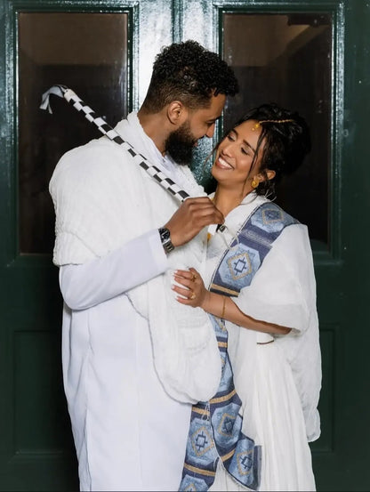 Slate Blue Embroidery Matching Habesha Couple Outfit Ethiopian Clothing For Occasions 1175