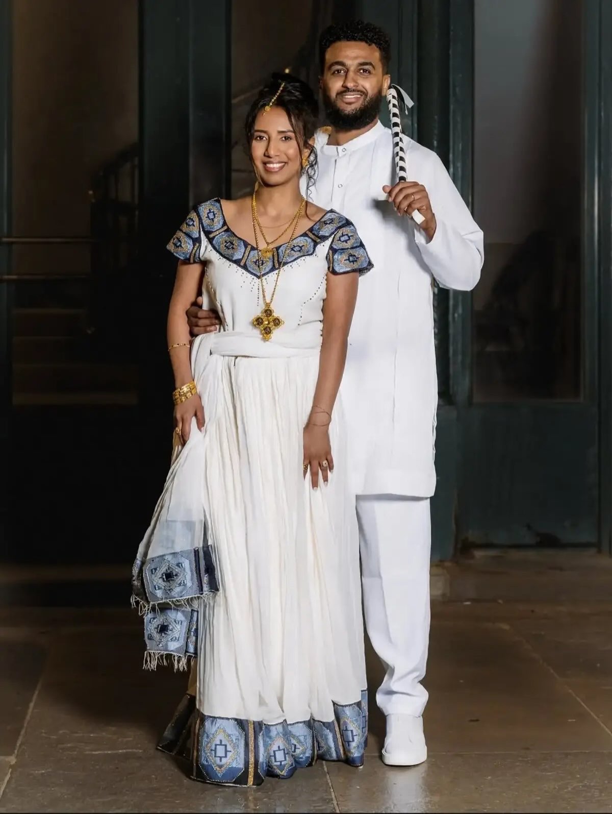 Slate Blue Embroidery Matching habesha couple outfit |Ethiopian Couple Outfit