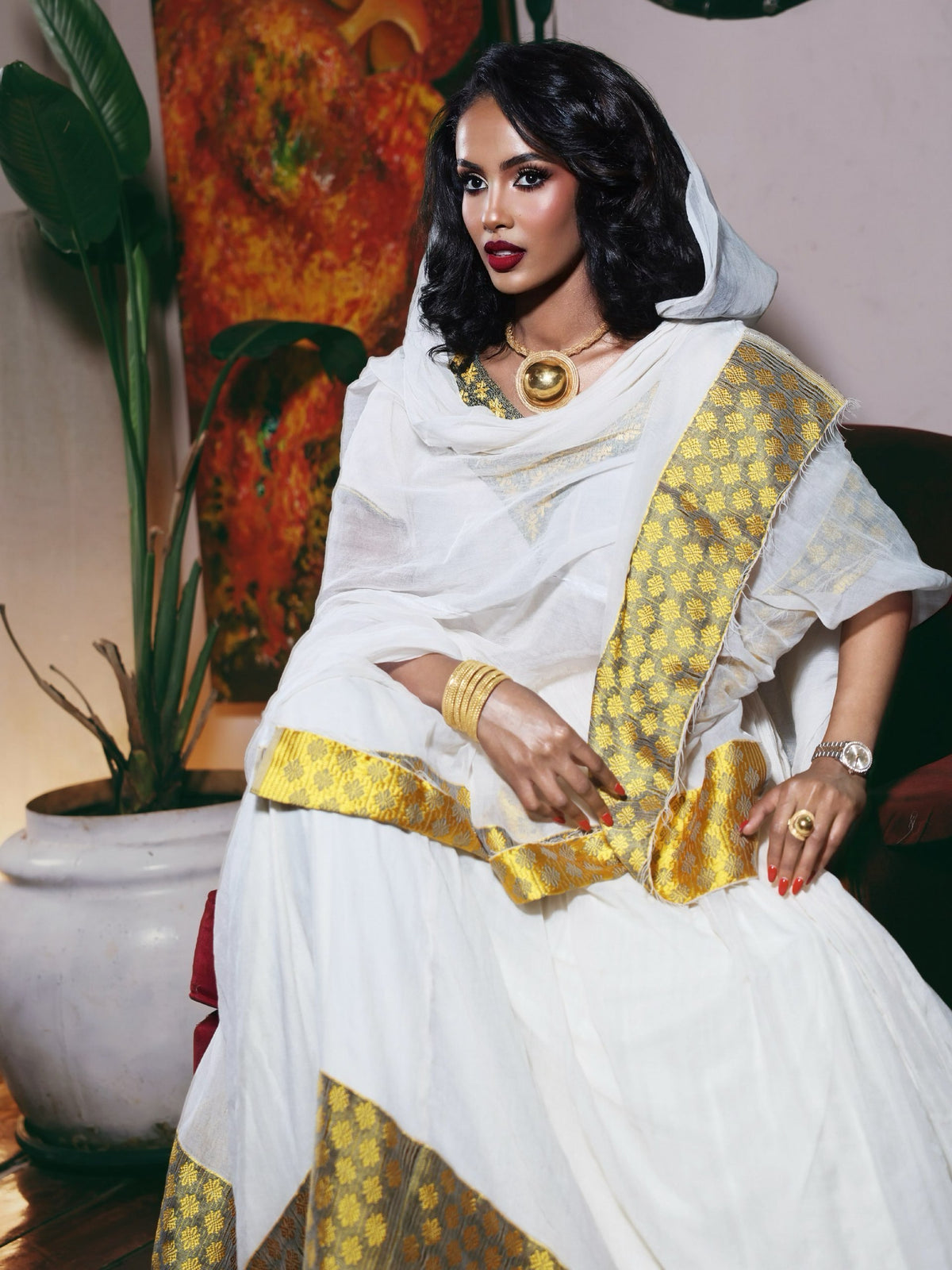 Antique Olive & Gold Diamond Ethiopian Dress V-Neck Eritrean dress Gown with Netela 1177