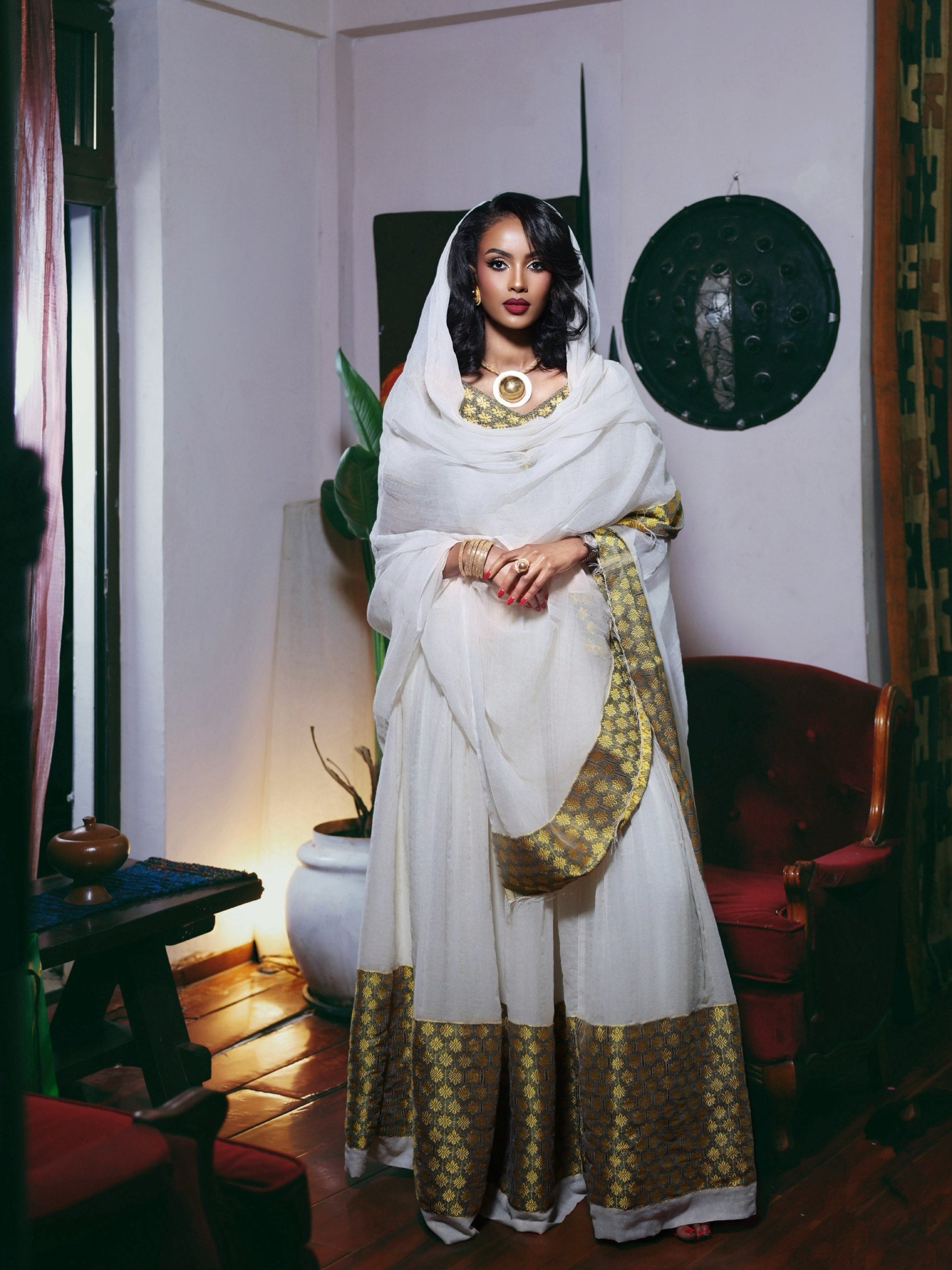 Olive & Gold Brocade habesha kemis online Fine habesha cloth
