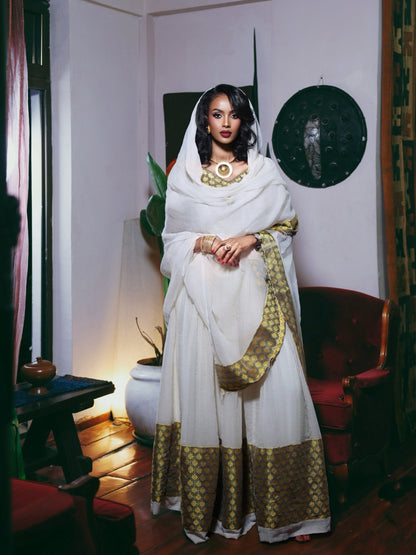 Olive & Gold Brocade habesha kemis online Fine habesha cloth