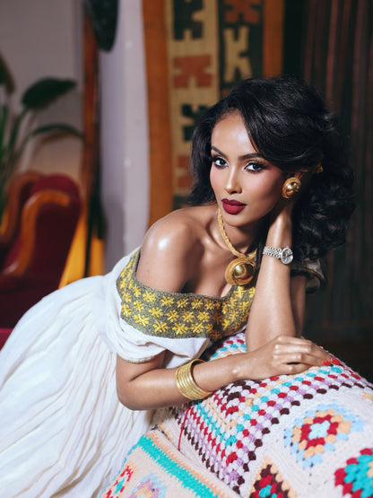 Antique Olive & Gold Diamond Ethiopian Dress V-Neck Eritrean dress Gown with Netela 1177