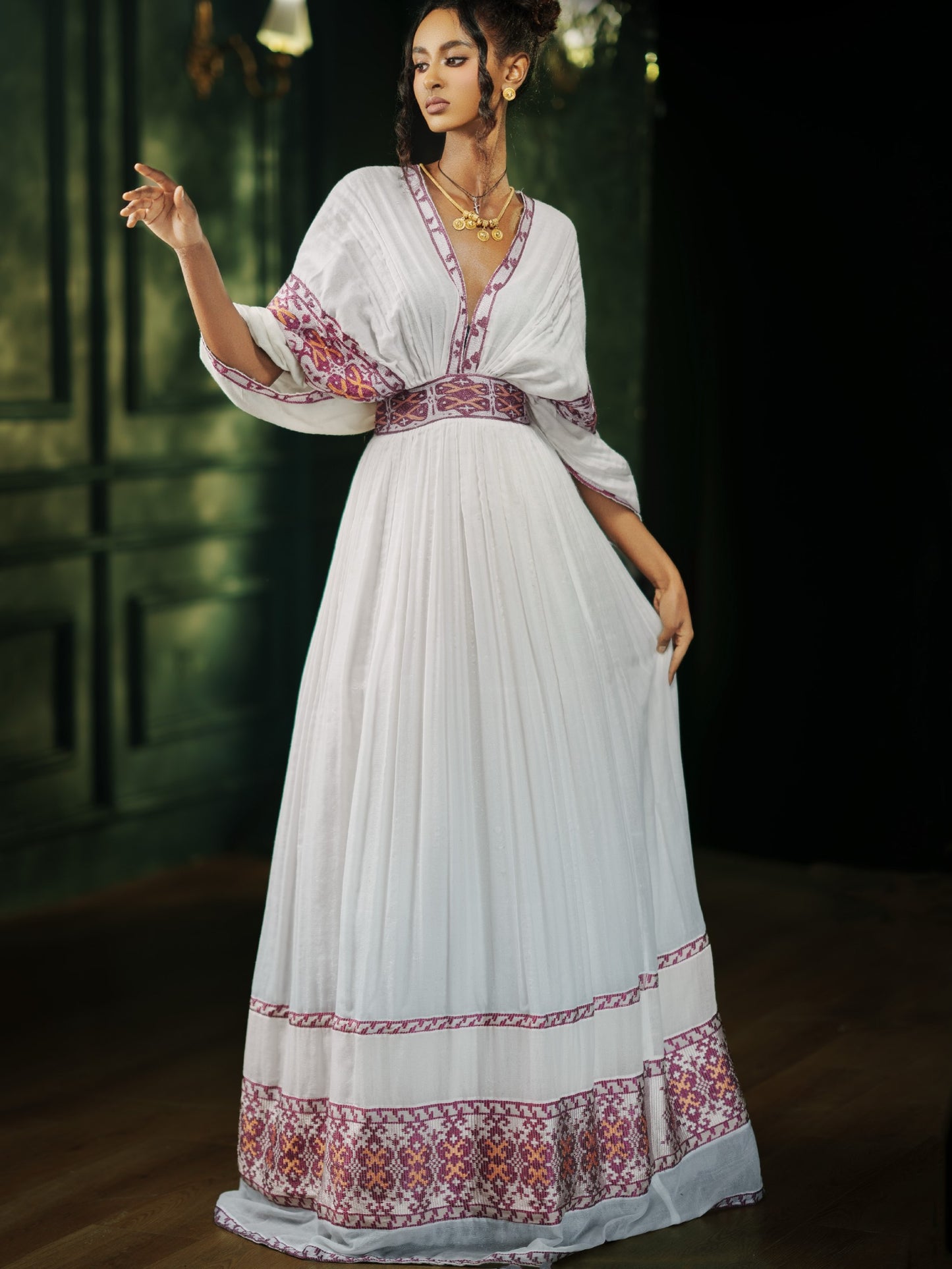 Plum & Magenta Kimono Sleeve V-Neck Corset Belt Habesha dress Timeless Cultural Ethiopian Clothing 1181