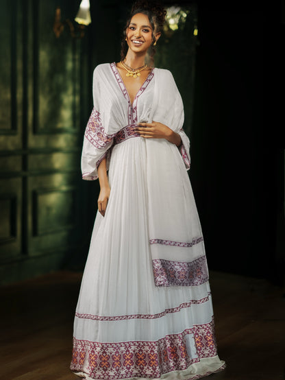 Plum & Magenta Kimono Sleeve V-Neck Corset Belt Habesha dress Timeless Cultural Ethiopian Clothing 1181