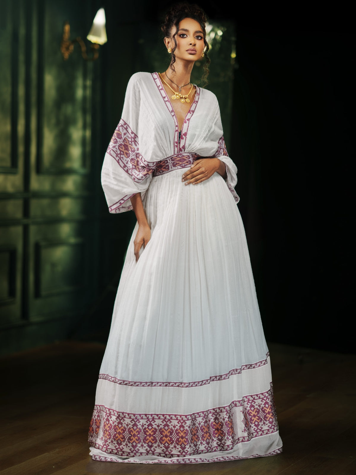  Magenta Kimono Sleeve V-Neck Corset Belt Eritrean dress Maxi Gown