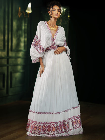  Magenta Kimono Sleeve V-Neck Corset Belt Eritrean dress Maxi Gown