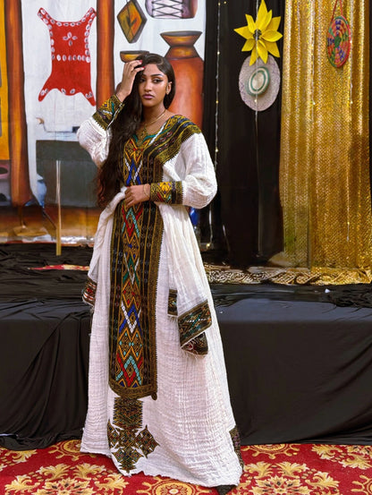 Multicolored Geometric Habesha kemis online Woven Habesha Dress Design Tirtir 1178