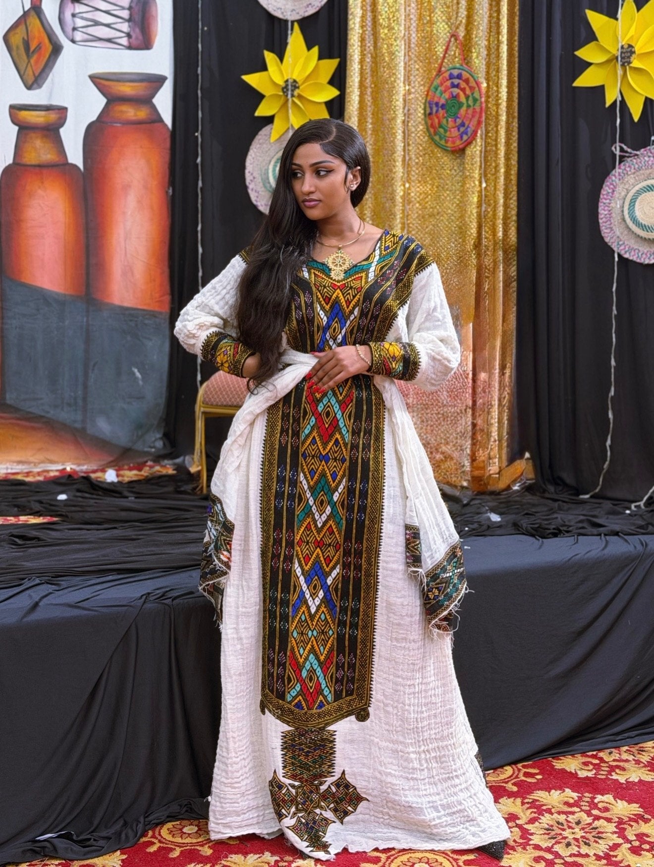 Multicolored Geometric Tapestry Tilf Long Sleeve Eritrean dress Gown