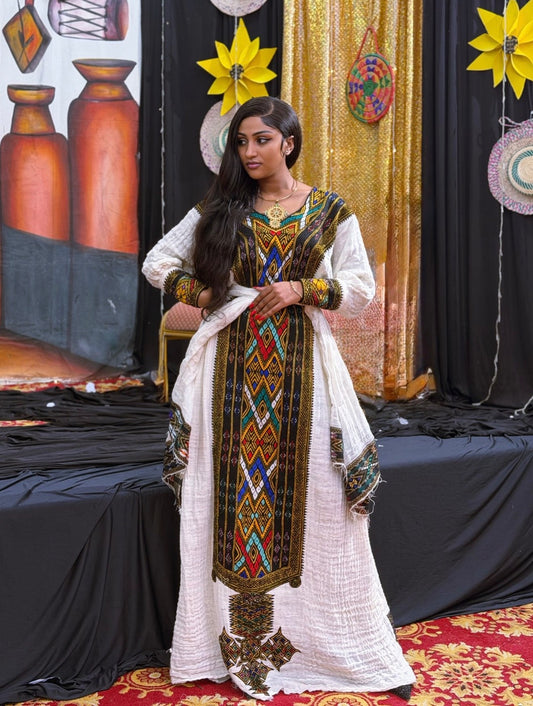 Multicolored Geometric Tapestry Tilf Long Sleeve Eritrean dress Gown