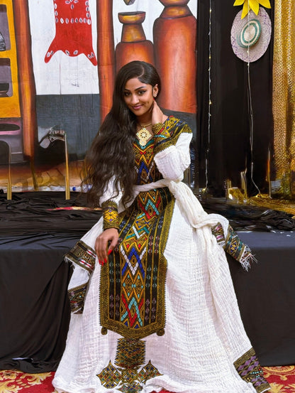 Multicolored Geometric Habesha kemis online Woven Habesha Dress Design Tirtir 1178
