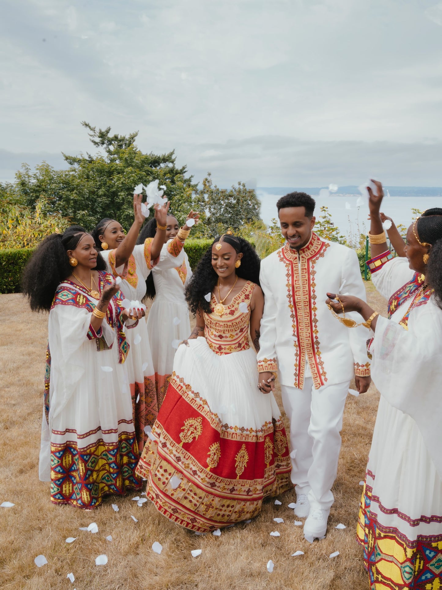 Scarlet Red & Gold Matching Habesha Couple Outfit Ethiopian Couple Clothing For Wedding 1179