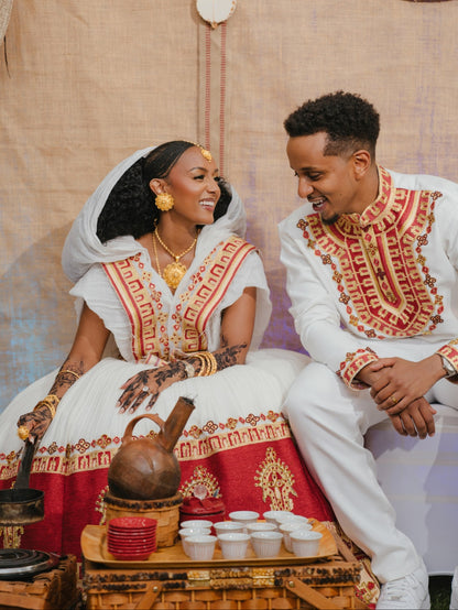 Scarlet Red & Gold Matching Habesha Couple Outfit Ethiopian Couple Clothing For Wedding 1179