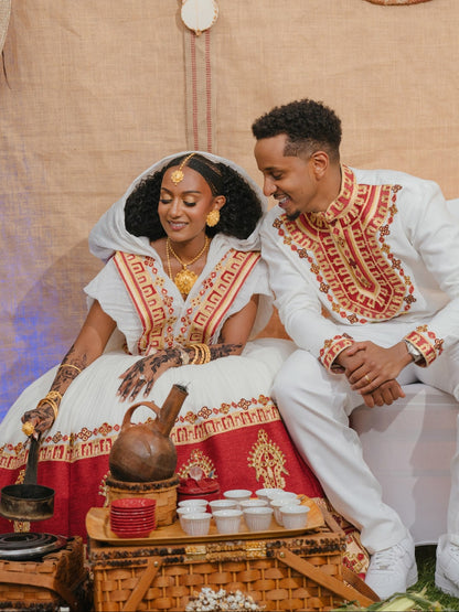Scarlet Red & Gold Filigree Tapestry Matching Habesha Couple Outfit Bridal Set