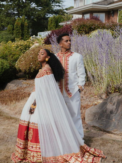 Scarlet Red & Gold Matching Habesha Couple Outfit Ethiopian Couple Clothing For Wedding 1179