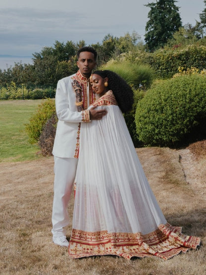 Scarlet Red & Gold Matching Habesha Couple Outfit Ethiopian Couple Clothing For Wedding 1179