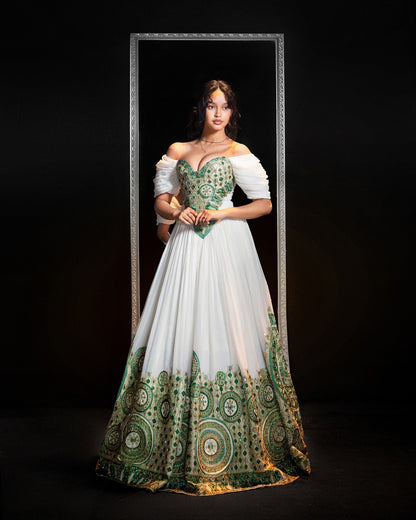 Emerald Green & Gold Corset Off-the-Shoulder Eritrean dress Ballgown