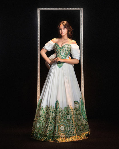Emerald Green Off-the-Shoulder Habesha kemis online Woven Habesha Dress Design For Wedding 1184