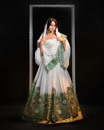 Emerald Green Off-the-Shoulder Habesha kemis online Woven Habesha Dress Design For Wedding 1184