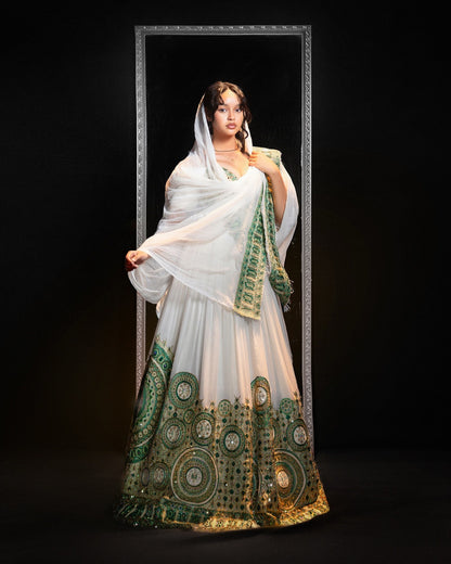 Emerald Green Off-the-Shoulder Habesha kemis online Woven Habesha Dress Design For Wedding 1184