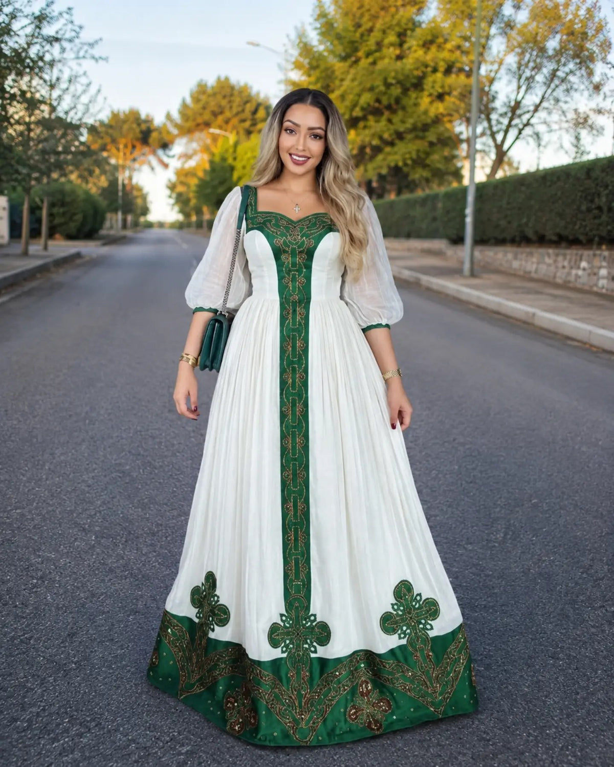 Shop AI-Generated Habesha Kemis Online Emerald Puff Sleeve Ethiopian Traditional Dress