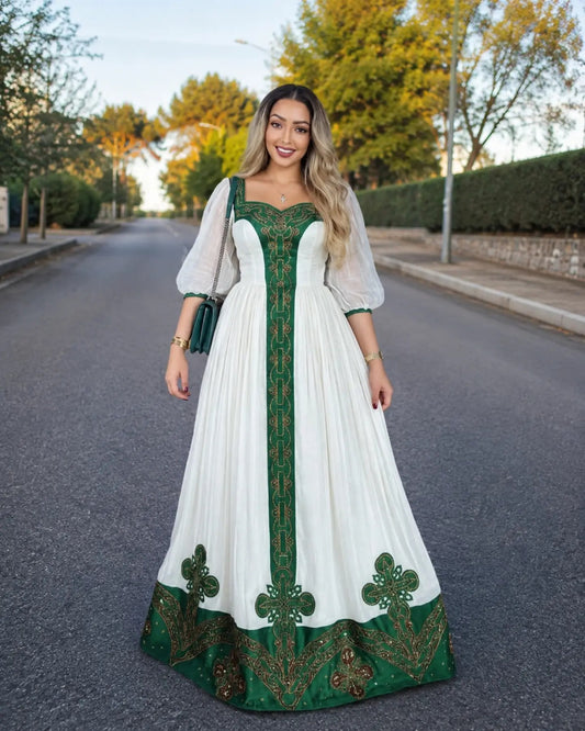 Shop AI-Generated Habesha Kemis Online Emerald Puff Sleeve Ethiopian Traditional Dress
