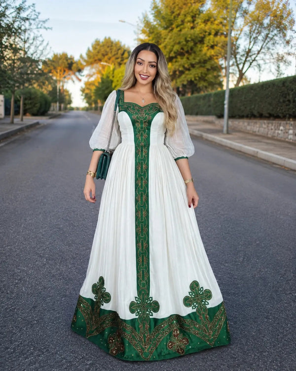 Shop AI-Generated Habesha Kemis Online Emerald Puff Sleeve Ethiopian Traditional Dress
