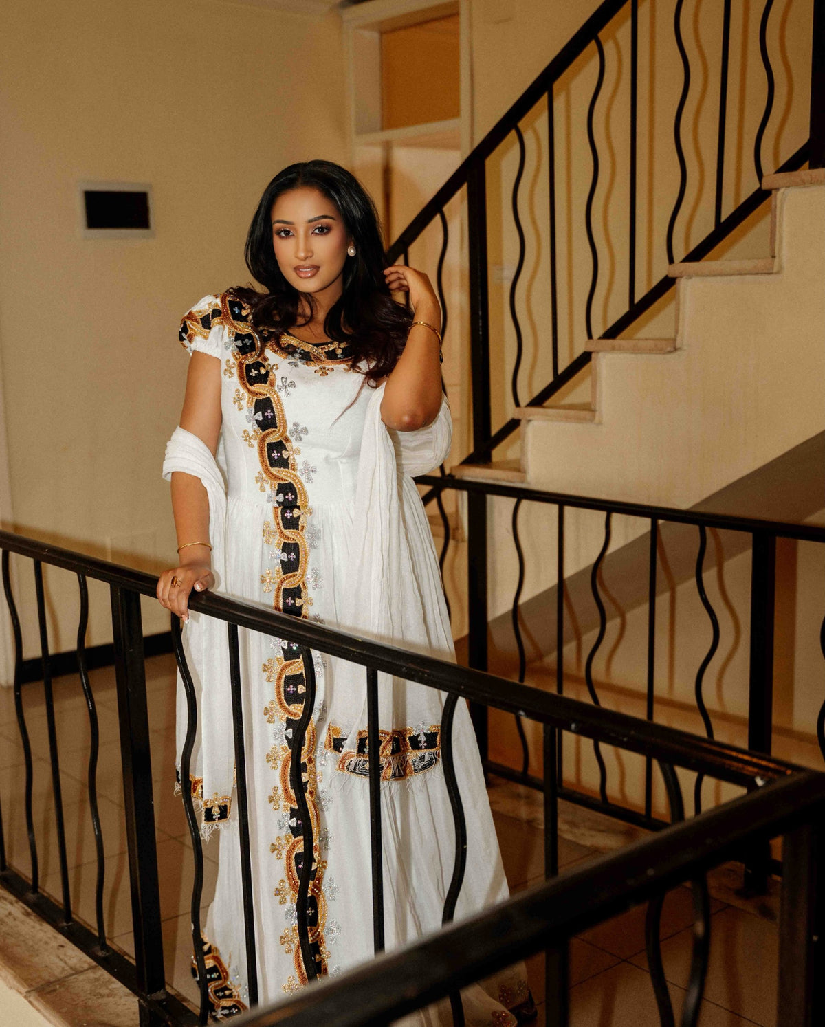 Obsidian Black & Gold Cross Tilf Habesha Kemis Scoop Neck Cap Sleeve Eritrean dress Gown 1185