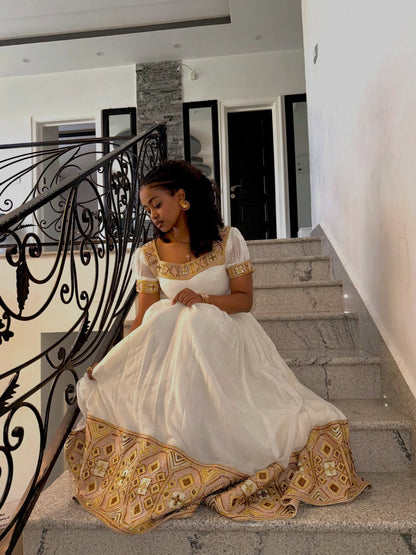 Gold & Ochre Tapestry Puff Short Sleeve Habesha Kemis Handloomed Eritrean dress Gown with Wide Border 1187