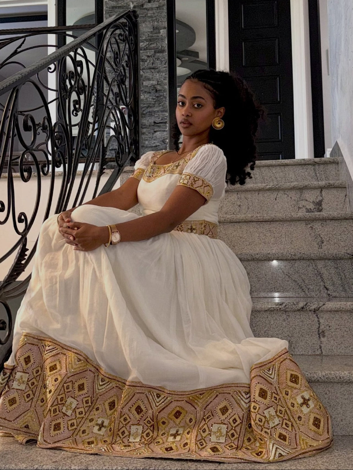 Gold & Ochre Tapestry Puff Short Sleeve Habesha Kemis Handloomed Eritrean dress Gown with Wide Border 1187