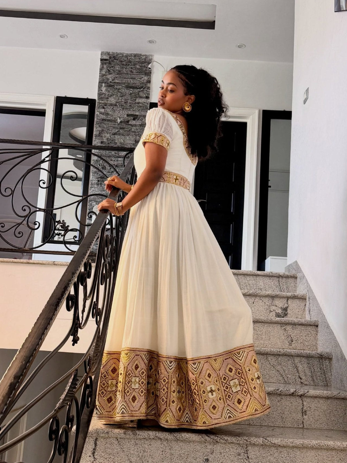 Gold & Ochre Tapestry Puff Short Sleeve Habesha Kemis Handloomed Eritrean dress Gown with Wide Border 1187