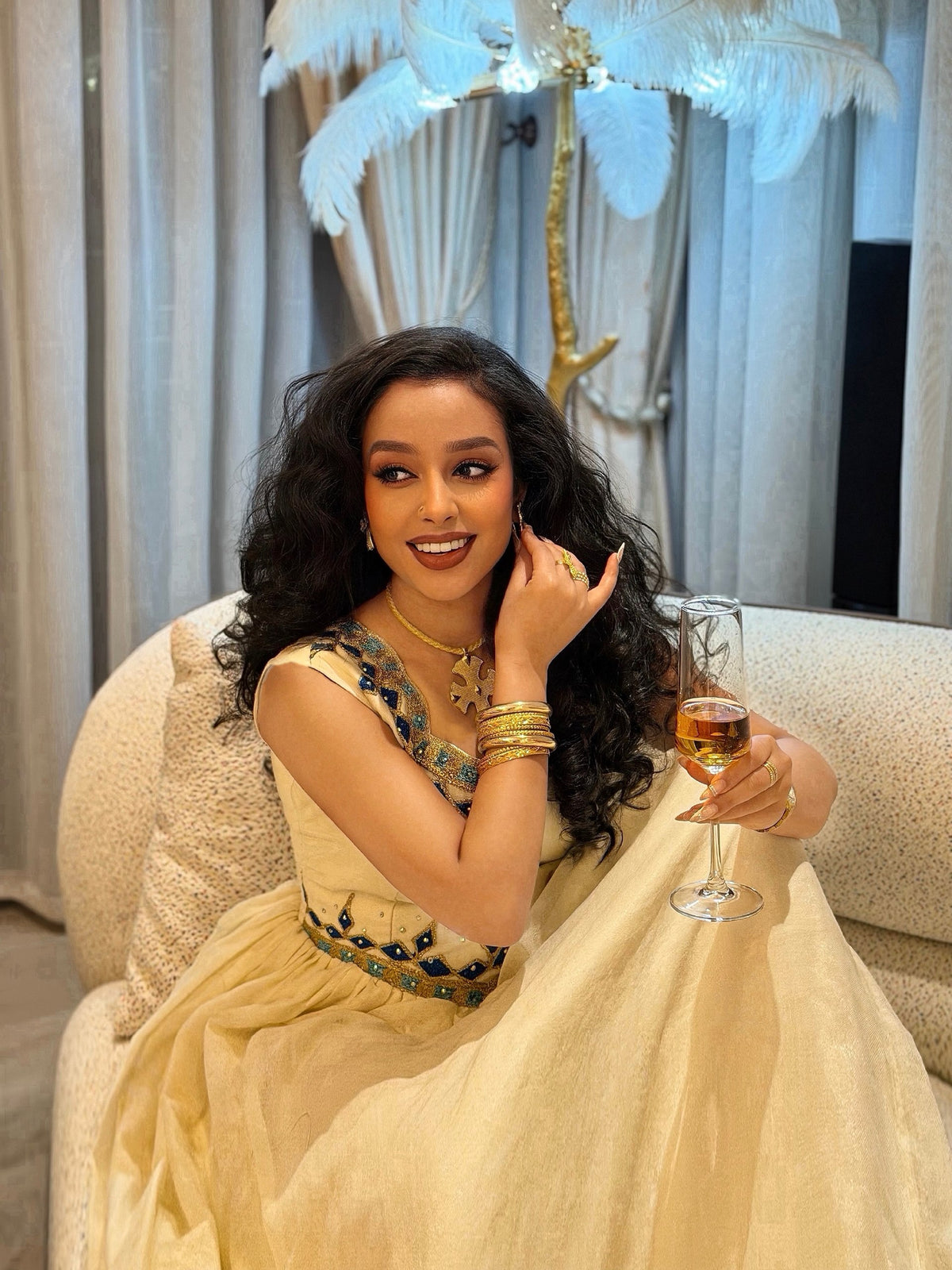 Sapphire Blue & Gold Diamond Cross Habesha Dress Sleeveless Handloomed Ethiopian dress Design 1189