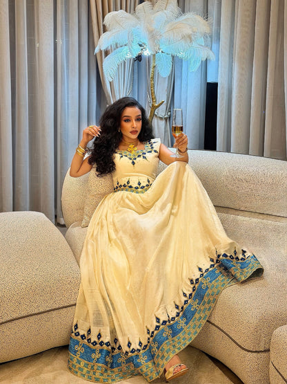 Sapphire Blue & Gold Diamond Cross Habesha Dress Sleeveless Handloomed Ethiopian dress Design 1189