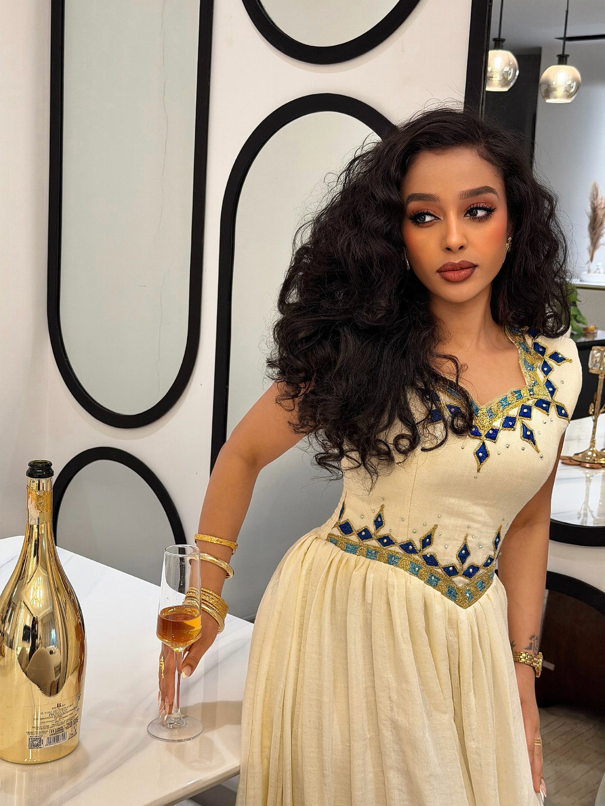 Sapphire Blue & Gold Diamond Cross Habesha Dress Sleeveless Handloomed Ethiopian dress Design 1189