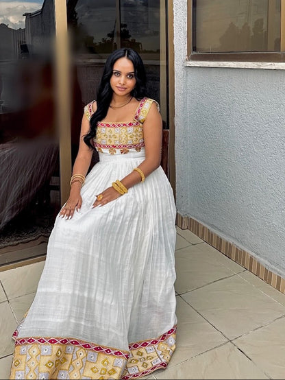 Golden Yellow & Magenta Yoke habesha kemis online Woven habesha cloth
