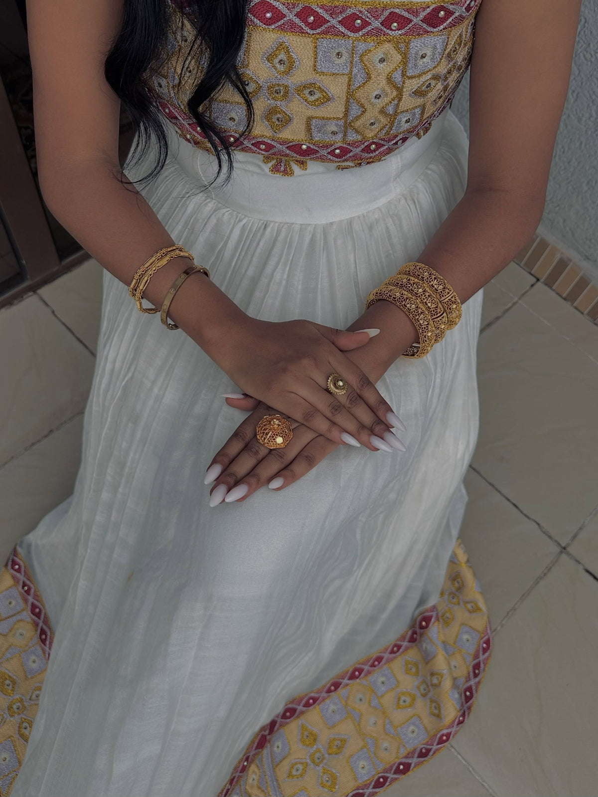 Sun Gold & Magenta Tapestry Habesha Kemis Square Neck Sleeveless Handwoven Eritrean dress 1190