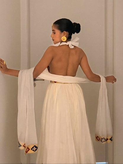 Crimson & Gold Diamond Plunging Halter Neck Ethiopian Dress Backless Handloomed Habesha Kemis 1191