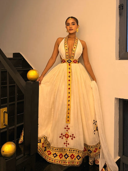 Crimson & Gold Diamond Plunging Halter Neck Ethiopian Dress Backless Handloomed Habesha Kemis 1191